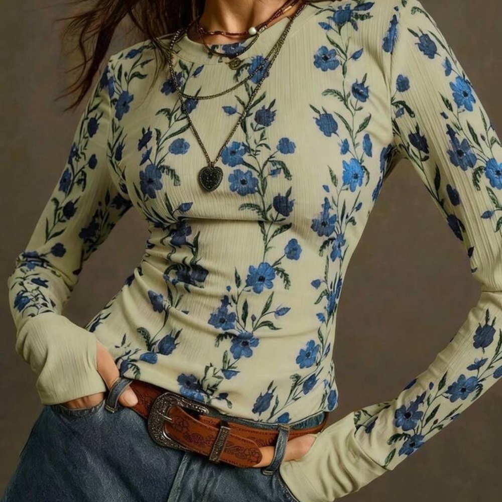 Boho Pale Green Floral Print Crew Neck Long Sleeve Thumbhole Top XS S M L